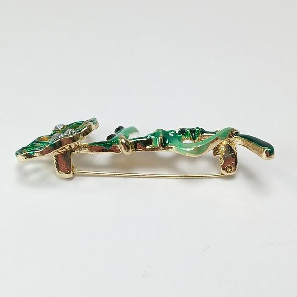 Frog Brooch Pin Bright Green Enamel on Gold Tone Kermit & Lily Pad wRhinestones - Picture 4 of 10